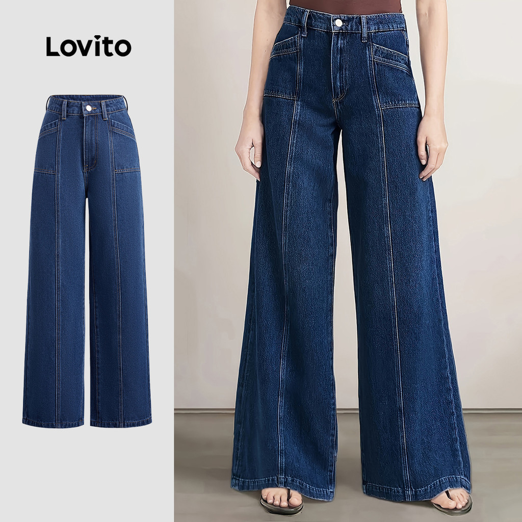 Lovito กางเกงยีนส์แบบแคชชวล กระเป๋า button สปริง/ซัมเมอร์ สีน้ำเงินเข้ม L150ED404