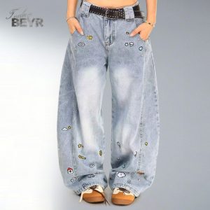 กางเกงยีนส์วินเทจปัก แบบขากว้าง เอวสูง