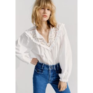 H&M(เอชแอนด์เอ็ม) เสื้อเบลาส์ดีเทลผ้าลูกไม้บรองเดอรี อังเกลส ผู้หญิง 1305068_1