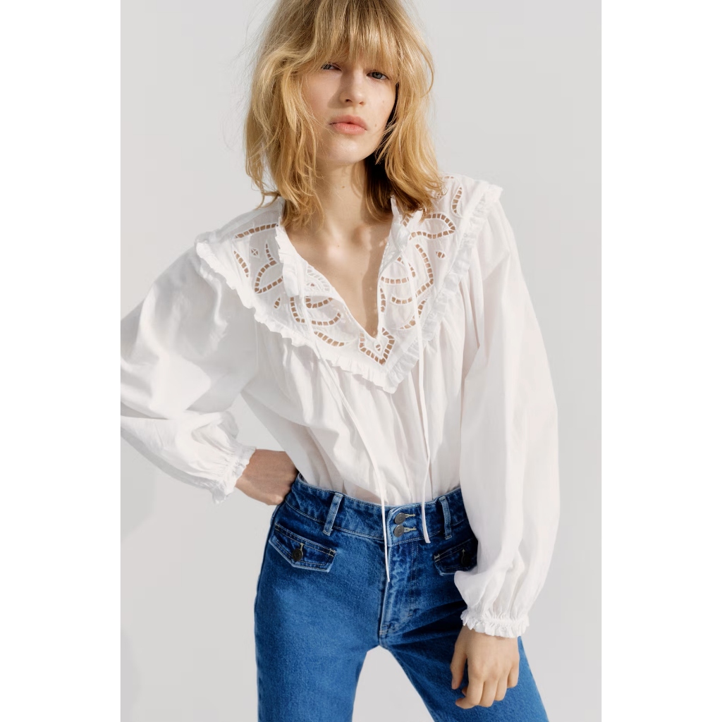 H&M(เอชแอนด์เอ็ม) เสื้อเบลาส์ดีเทลผ้าลูกไม้บรองเดอรี อังเกลส ผู้หญิง 1305068_1