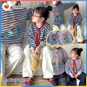 [RICONINI] Boys Girls Korean Parent-Child Wear Color-Blocking Striped Letter Round Neck Sweatshirt