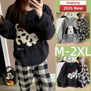 ชุดนอนผ้าสักหลาด แขนยาวสำหรับฤดูหนาว ขนาดหลวม สวมใส่อบอุ่น