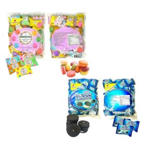 มินิมาการอง และ คุกกี้แซนวิชรสช็อกโกแลตสอดไส้รสนม ตรา Fruitasy