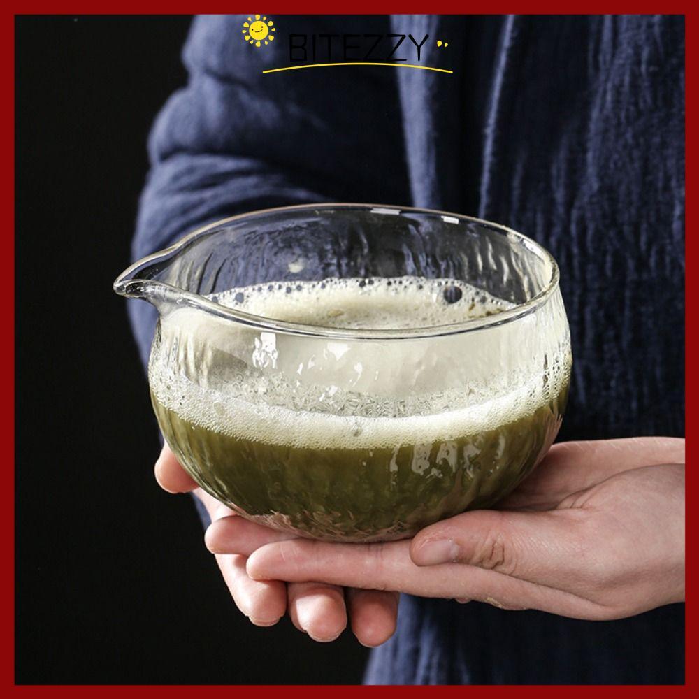 จัดส่งจากประเทศไทยBITEZZY Matcha Bowl, Textured Reusable Tea Bowl, Pour Spout Glass Handmade Matcha ทําเครื่องมือคนรักชา