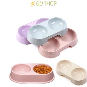 GUTHOP ชามคู่แมว, เครื่องป้อนอาหารน้ําลูกแมวความจุขนาดใหญ่อเนกประสงค์, จานชามป้อนอาหารสีทึบแบบพกพาที่ทนทาน