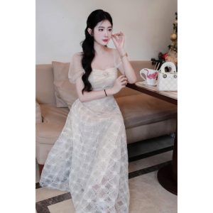 PW034 Parnwad Collection ชุดเดรสสีครีมตัวยาวแขนมุ้ง [2PM]