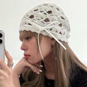 K ถักโครเชต์ Hollow Baotou หมวกโบว์ปมขนสัตว์หมวกเย็น