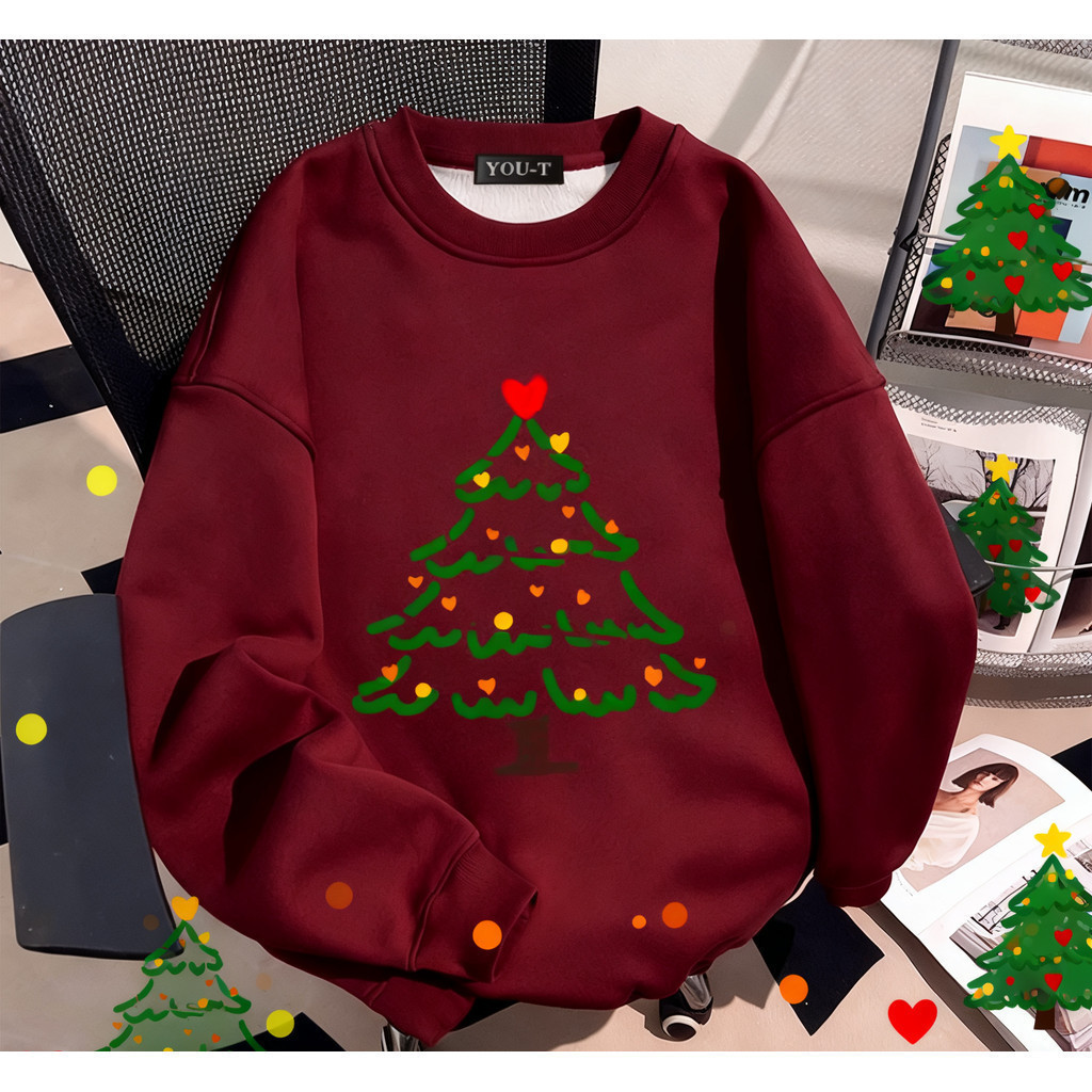 Sea.Tee สเวตเตอร์ สีดำ แขนยาว คอกลม ทรงหลวม Print “Christmas tree2″สไตล์เกาหลี (ใส่ได้ทั้งหญิงเเละชาย)
