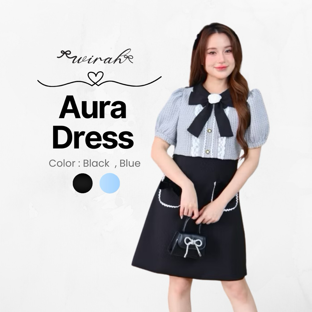 (พร้อมส่ง)FW79 Aura Dress ชุดเดรสสั้น พร้อมเข็มกลัดโบว์ดำ