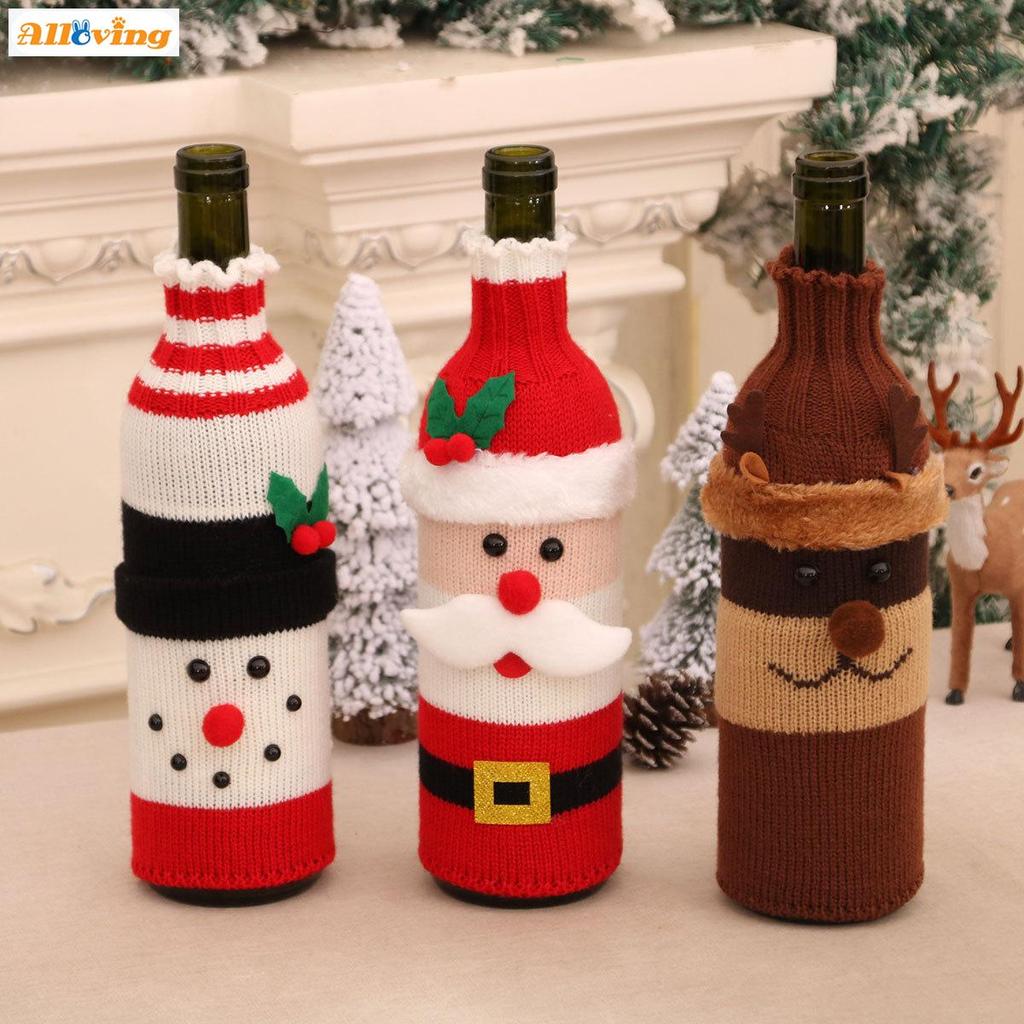ผ้าคลุมขวดไวน์ถักขนสัตว์-ตกแต่งคริสต์มาสสําหรับบรรยากาศโรงแรมร้านอาหาร