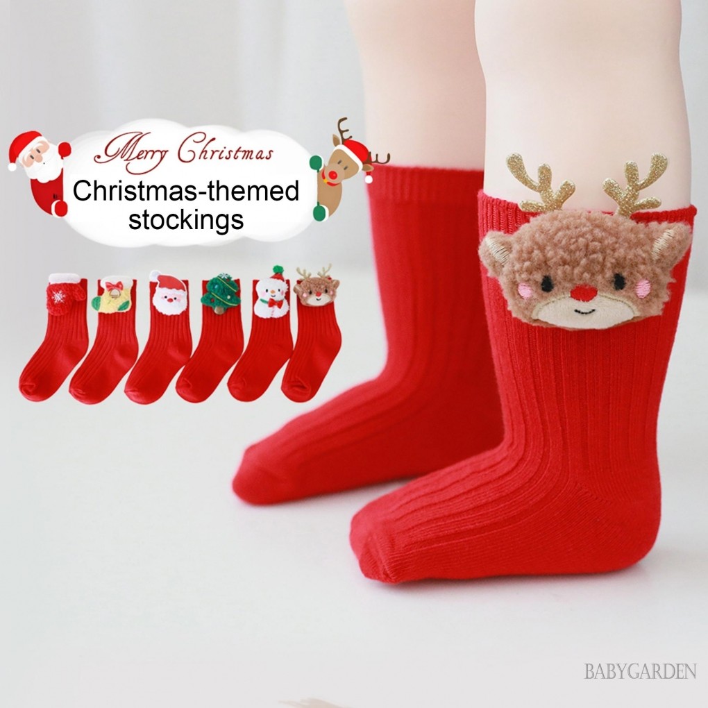 ถุงเท้าคริสต์มาสน่ารักสีแดงสำหรับเด็ก อายุ 0-8 ปี ลายการ์ตูน เหมาะสำหรับวันหยุด