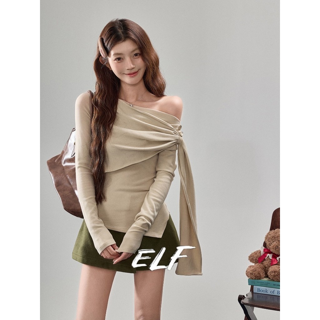 เสื้อถักแขนยาวสไตล์ห่อ พร้อมคอนอกแบบเดรป