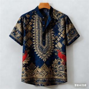 เสื้อเชิ้ตแขนสั้นพิมพ์ลายชาติพันธุ์สำหรับผู้ชาย ผสมผสานสไตล์โบฮีเมียนย้อนยุค กับภาพวาดนกและเรขาคณิต มีหลากหลายสีให้เลือก พร้อมคอนเซปต์ลำลองวินเทจในฤดูร้อน