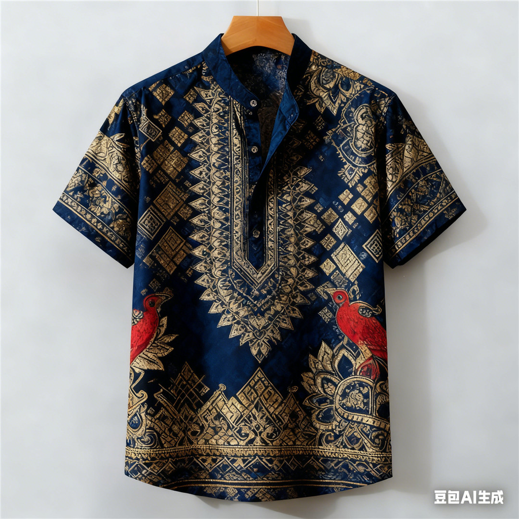 เสื้อเชิ้ตแขนสั้นพิมพ์ลายชาติพันธุ์สำหรับผู้ชาย ผสมผสานสไตล์โบฮีเมียนย้อนยุค กับภาพวาดนกและเรขาคณิต มีหลากหลายสีให้เลือก พร้อมคอนเซปต์ลำลองวินเทจในฤดูร้อน