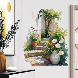 ประเทศภาพวาดสีน้ํามันสติกเกอร์-ห้องนั่งเล่นผนังพื้นหลังพืชภูมิทัศน์สติกเกอร์ตกแต่ง-ใบกระถางสติ๊กเกอร์ติดผนัง-