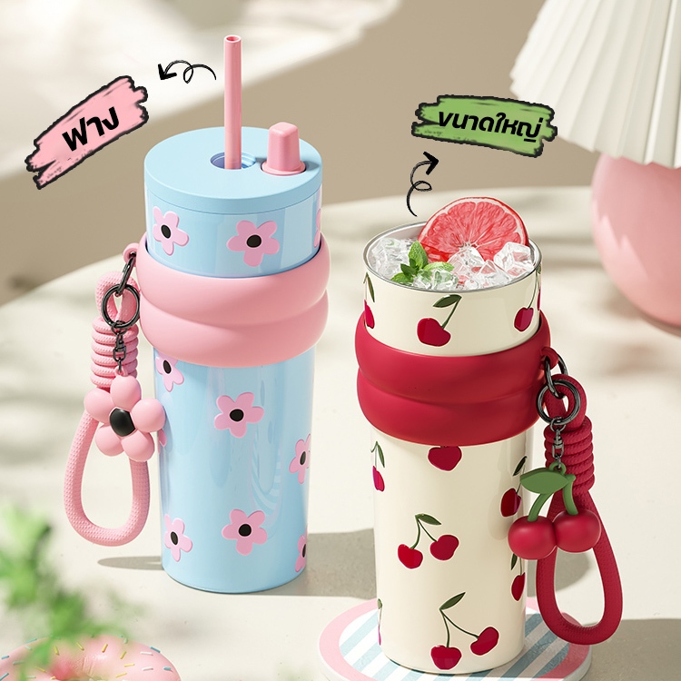 ฟางถ้วยเก็บความร้อน ดอกไม้สีฟ้า316 สแตนเลสliner ถ้วยน้ำความจุขนาดใหญ่รถถ้วยแก้วถ้วยเย็นเซรามิคกระติกน้ำร้อนถ้วย 710ml