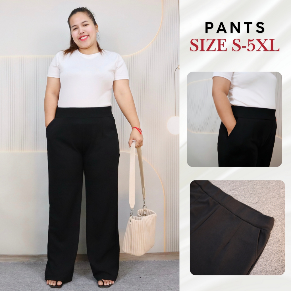 กางเกงขายาวผู้หญิง ไซส์ 3XL-5XL ทรงขากระบอกใหญ่ สีดำล้วน เอวยางยืด ผ้าวูลเวฟ เนื้อผ้านิ่ม ใส่เที่ยวใส่ทำงานได้ 9167#