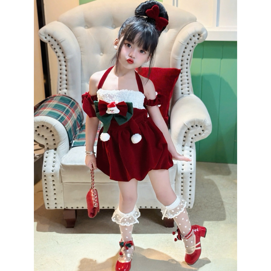 READY – (DESIGNED ITEM) HK96 เดรสฟักทองกํามะหยี่คริสต์มาสสําหรับเด็ก 7-40kg