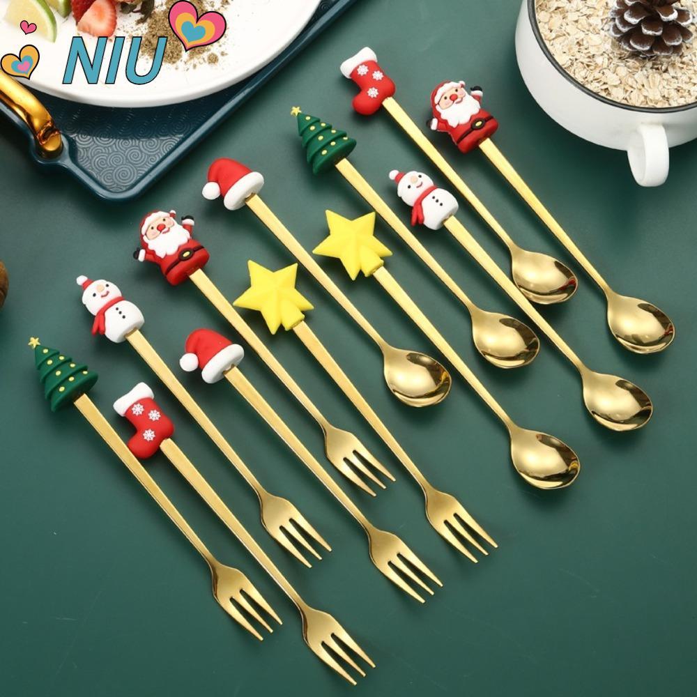 NIUYOUJS 4/6 ชิ้นบนโต๊ะอาหาร, สแตนเลส Merry Christmas ช้อนส้อมชุด, Creative Gold Silver ประณีต Party Decor ส้อมขนมหวานของขวัญวันเกิด