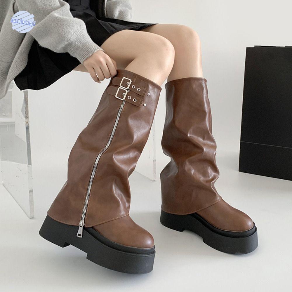 LUXELUNGE รองเท้าบู๊ทสำหรับผู้หญิง ออกแบบใหม่สไตล์ Y2K Punk กึ่งเข่า พร้อมแพลตฟอร์ม แฟชั่นแนวฮาราจูกุ