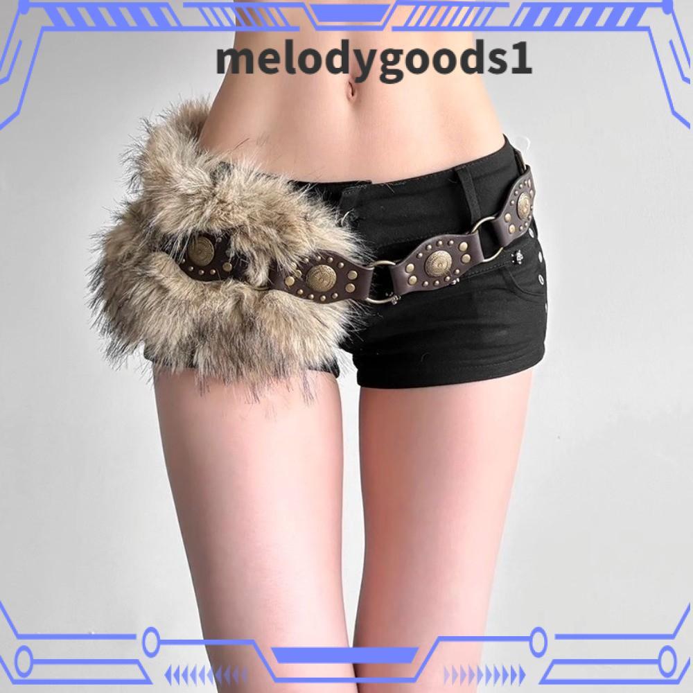 MELODYGOODS เข็มขัดหนัง PU แบบขนสัตว์ พังค์ฟาวเฟอร์ ออกแบบด้วยเม็ดบุ๊คคล้องยุค Y2K และสามารถปรับขนาดได้ สไตล์ฮิปฮอป