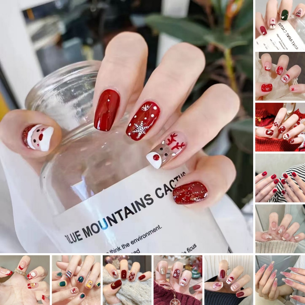 ☃️ คริสมาสต์ใหม่เล็บ แฟชั่นเล็บปลอม หลากหลายสไตล์เล็บ กันน้ำ 24 ชิ้น