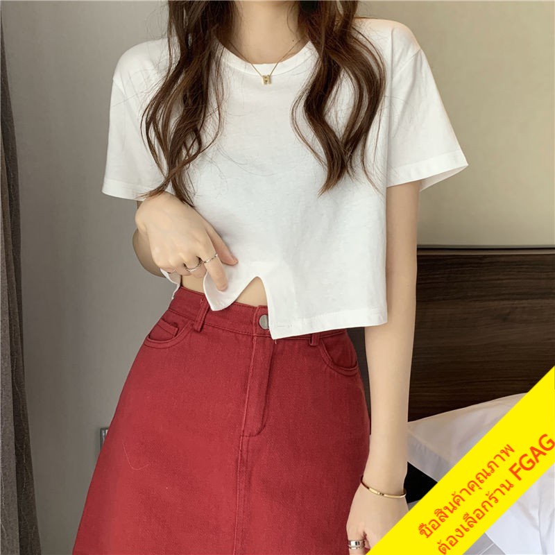 เสื้อครอปเอวลอยแขนสั้นผู้หญิง สีพื้น สีดำ Oversize เสื้อผ้ามินิมอลแฟชั่นวัยรุ่นน่ารัก เสื้อยืดสวยๆ สไตล์เกาหลี มาใหม่