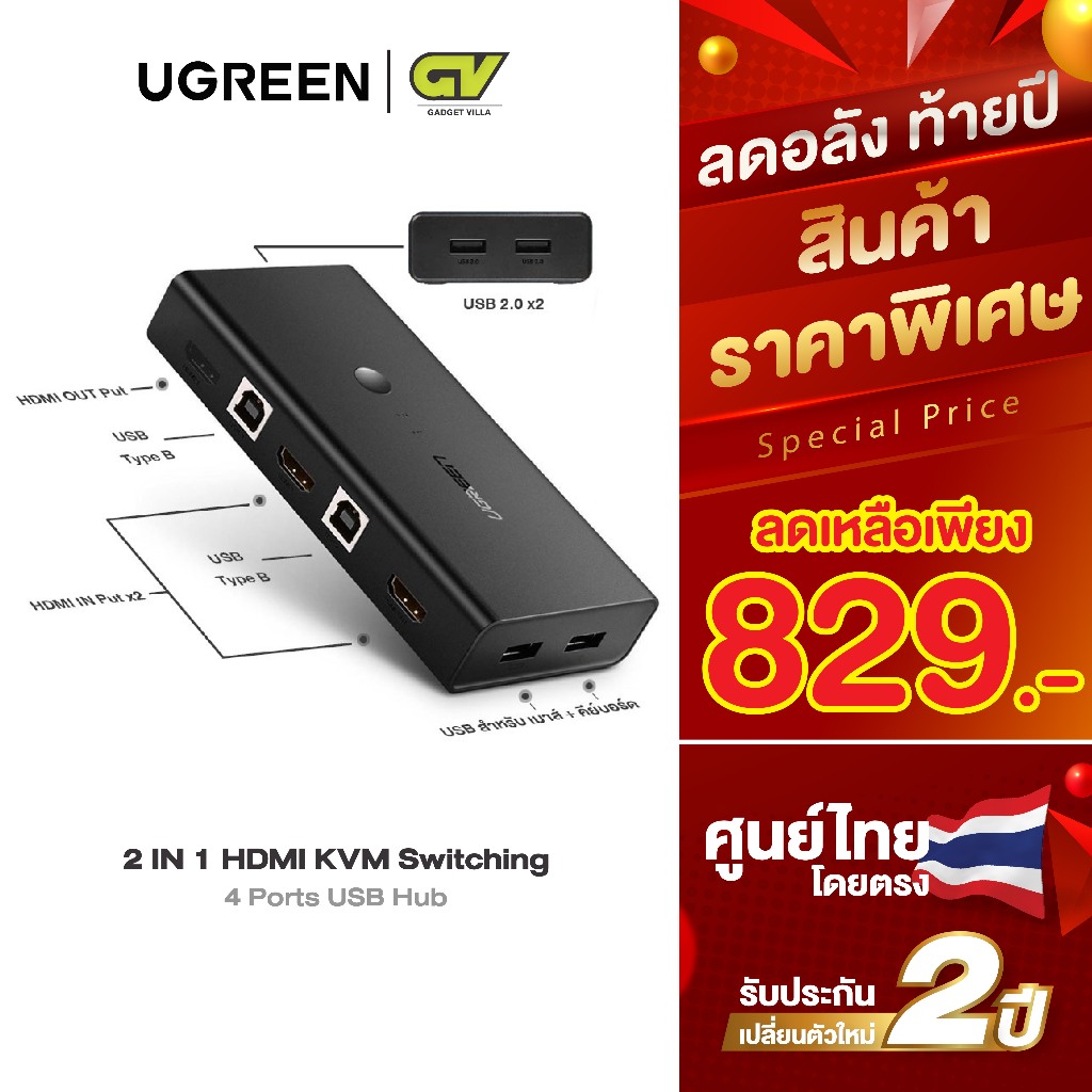 UGREEN รุ่น 50744 HDMI Switch Box 2 In 1 Out KVM Switching HDMI and Extended 4 Ports USB Hub Sharing