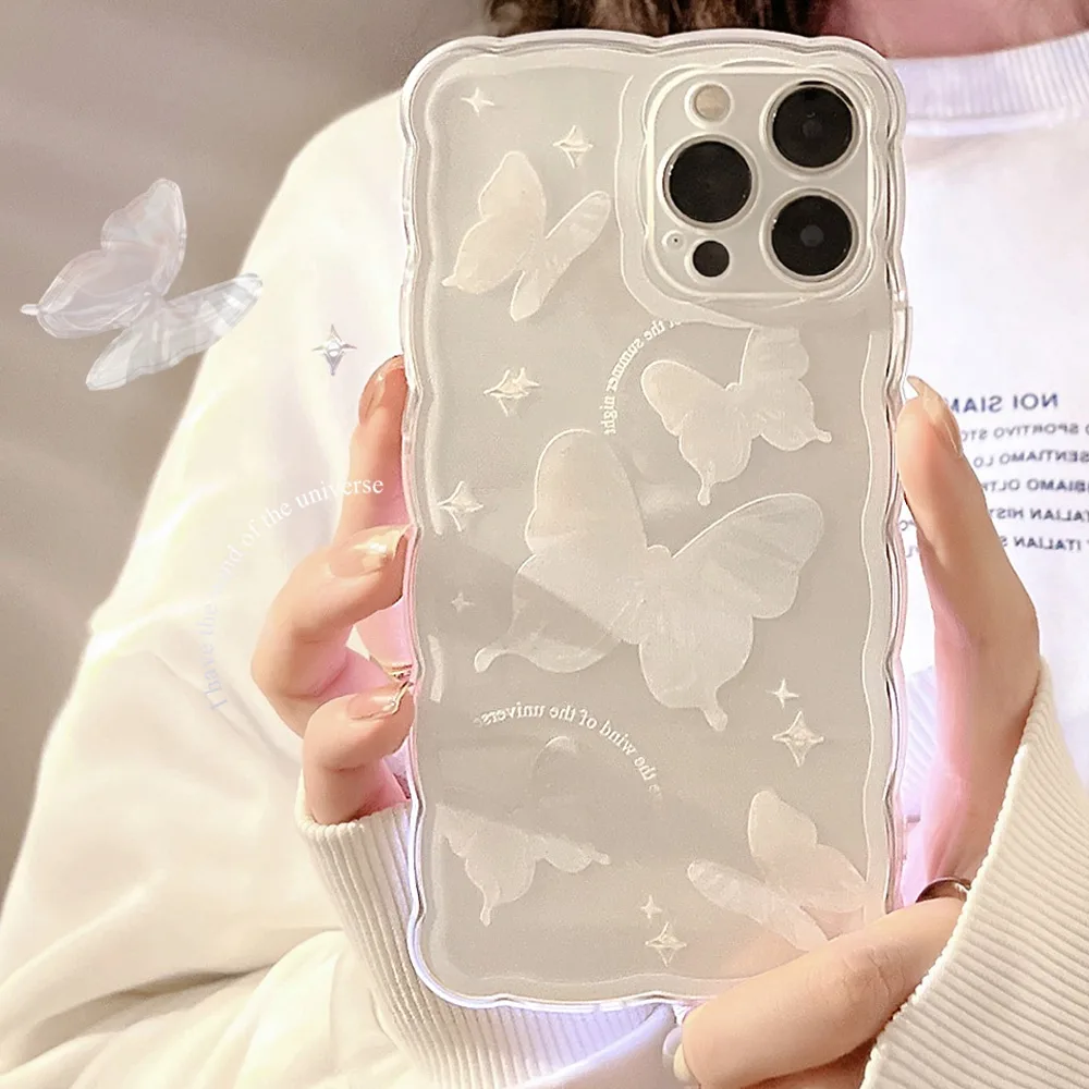 เคสโทรศัพท์มือถือแบบนิ่ม TPU For iPhone 11 7Plus 8Plus XR X XS Max 12 13 11 Pro Max 6 6S Plus 7 8 SE ลายผีเสื้อ สีขาว