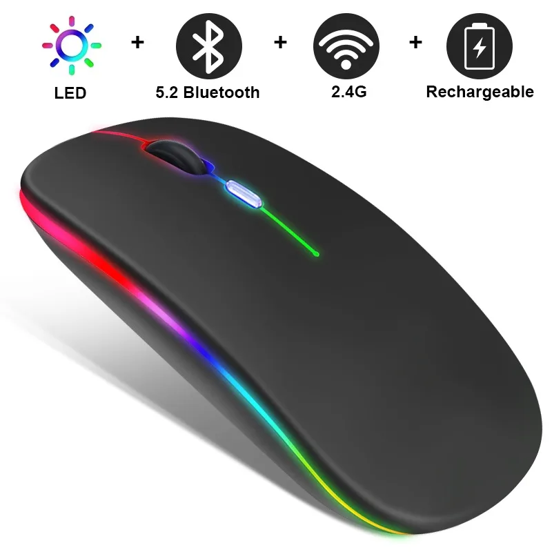 เมาส์ออปติคอลเล่นเกมไร้สาย บลูทูธ 5.0 + 2.4 GHz ตัวรับสัญญาณ 1600DPI สําหรับคอมพิวเตอร์ แล็ปท็อป PC Macbook USB ไฟแบ็คไลท์ RGB บลูทูธ