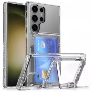 โปร่งใสผู้ถือบัตรสําหรับ Samsung S25 Ultra S24 Ultra S23 Ultra S25 S24 S23 Plus กันกระแทกเคสใสพร้อมขาตั้งโทรศัพท์