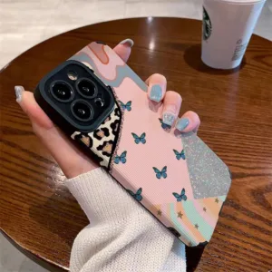 【ผิวหนังหัวแม่มือ】เคสโทรศัพท์มือถือแบบนิ่ม ลายผีเสื้อ เสือดาว สีชมพู สีดํา แฟชั่น สําหรับ IPhone 7 Plus 8 Plus X XS XR XS Max 11 13 12 14 PRO Max 14 Plus