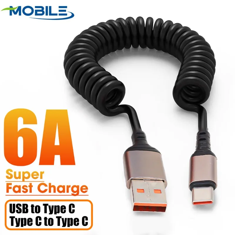 สายชาร์จโทรศัพท์มือถือ แท็บเล็ต USB Type C เป็น Type C 6A แบบสปริง ชาร์จเร็ว ยืดหดได้ สําหรับรถยนต์