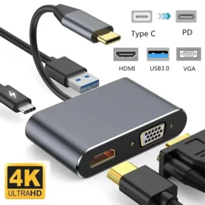 อะแดปเตอร์ฮับ USB C เป็น HDMI VGA Type C OTG 4 in 1 4k HDMI และ PD ชาร์จเร็ว USB C เป็น HDMI VGA USB Type C