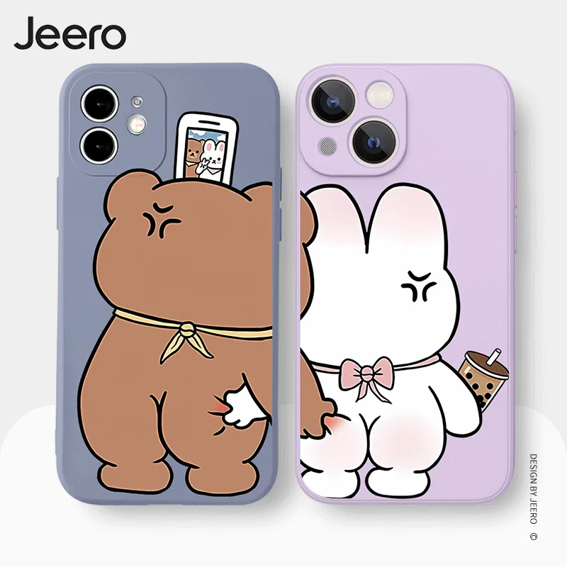JEERO เคสคู่ เคสไอโฟน คู่รัก กันกระแทกซิลิโคนนุ่มการ์ตูนน่ารักตลก เคสโทรศัพท์ Compatible for iPhone 16 15 14 13 12 11 Pro Max SE 2020 X XR XS 8 7 Plus พลัส XYAB245