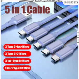 5 In 1 66W Fast สายชาร์จทอ Fast Charging Data Cable 1.5M USB A ถึง ios Type C Micro Charger สายไฟโทรศัพท์มือถือ