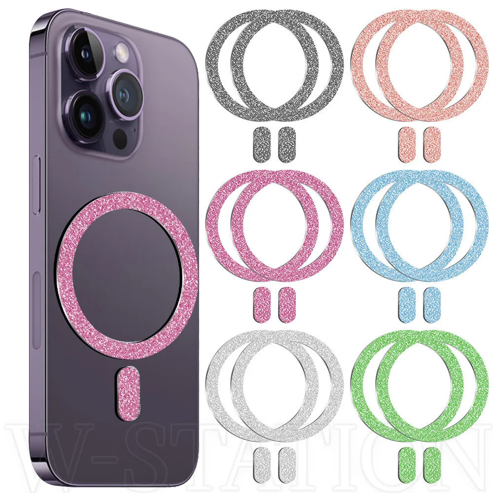 สติกเกอร์แหวนแม่เหล็กโลหะ - เข้ากันได้กับ iPhone 15 Pro Magsafe - แผ่นแปะแม่เหล็กชาร์จแบบไร้สาย ดีบุกพิเศษ - แหวนเหนี่ยวนําสีชมพูประกาย - อุปกรณ์เสริมโทรศัพท์