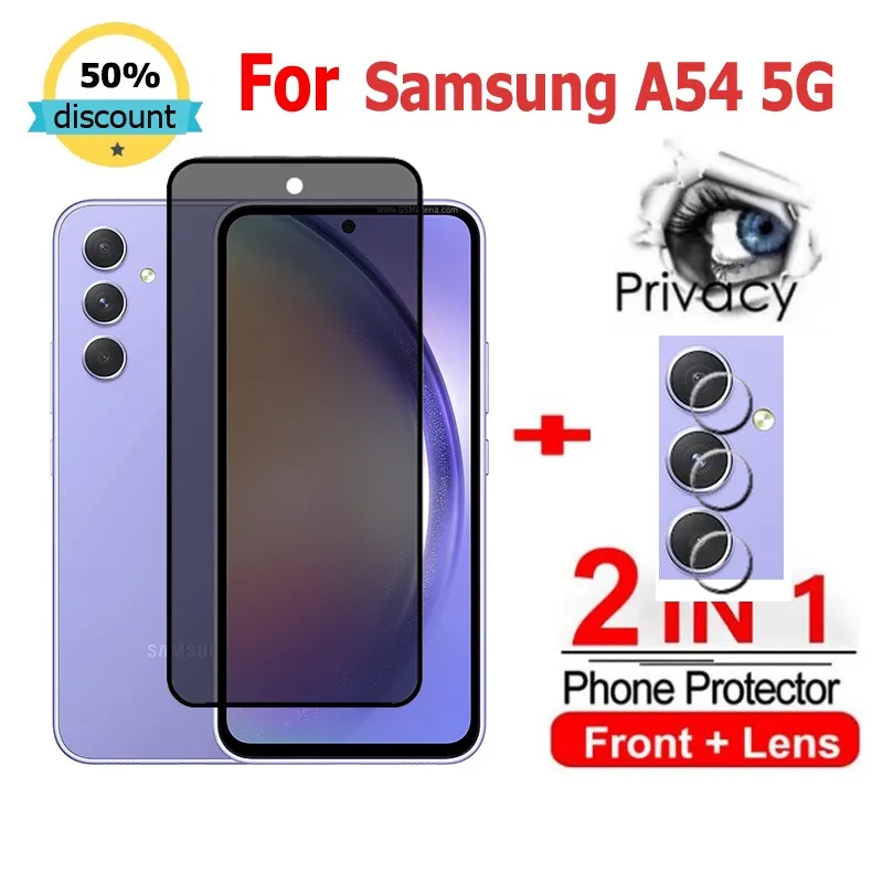 2 in 1 ฟิล์ม Samsung A54 5G ฟิล์มกระจกนิรภัยกันรอยหน้าจอ ป้องกันกล้อง กันแอบส่อง สําหรับ Samsung A05 A15 A25 A35 A55 A05s A14 A34 S23 S22 S21 FE Ultra 5G