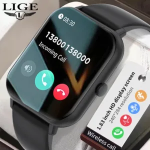 LIGE 1.83 นิ้วดูสมาร์ทออนไลน์บลูทูธโทรนาฬิกากันน้ำ 100+ รุ่นกีฬาอัตราการเต้นหัวใจการตรวจสอบการนอนหลับ AI เสียงผู้ช่วย SmartWatch