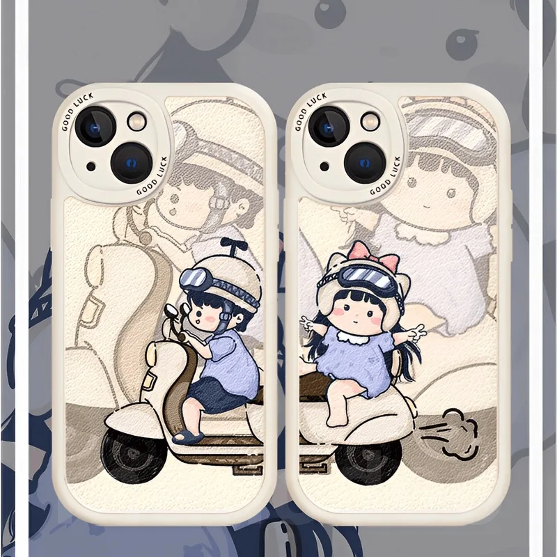 Cute Couple Casing Samsung Galaxy S24 S23 S22 Ultra 5G S21 Plus S20 FE A54 A34 A14 A20S A71 A73 A72 A53 A52 A52S A03S A02S A20 A30 A10S A12 M12 A50 A50S A30S S22+ S20+ ins Cartoon Electromobile Boy Girl Fulll Fine Hole Shockproof Soft Phone Case XPN 57