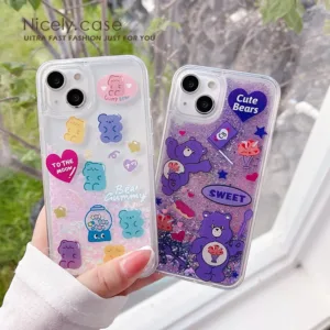 เคสโทรศัพท์มือถืออะคริลิค แบบแข็ง กันกระแทก ลายหมีสีม่วง สีชมพู สําหรับ iPhone 14 13 12 Pro Max 11 14plus Xr Xs Max X 7 8Plus 11 Pro