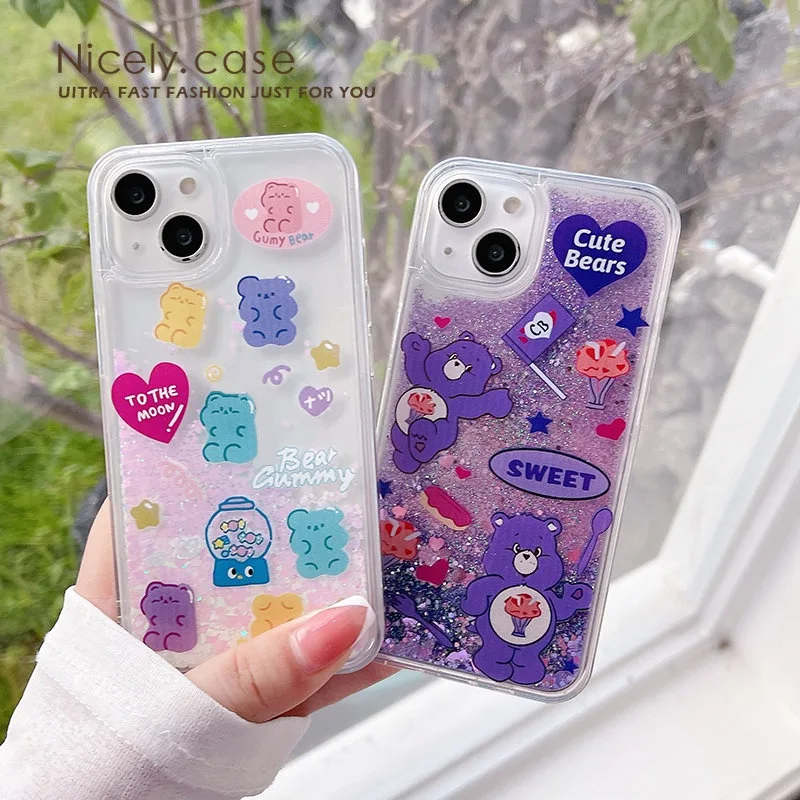 เคสโทรศัพท์มือถืออะคริลิค แบบแข็ง กันกระแทก ลายหมีสีม่วง สีชมพู สําหรับ iPhone 14 13 12 Pro Max 11 14plus Xr Xs Max X 7 8Plus 11 Pro