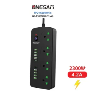 ONESAM ปลั๊กไฟ  รุ่น OS-T91 **เต้ารับปลั๊กไทย** 4 ช่อง 4.2A 2300W PD 2 พอร์ต USB 8 พอร์ต มีสวิตซ์ ยาว 2