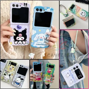 เคสโทรศัพท์ซิลิโคน TPU แบบนิ่ม ลายการ์ตูนหน้ายิ้ม มีสายคล้อง สําหรับ Samsung Galaxy Z Flip 5 Z Flip 4 Z Flip 3 4 5