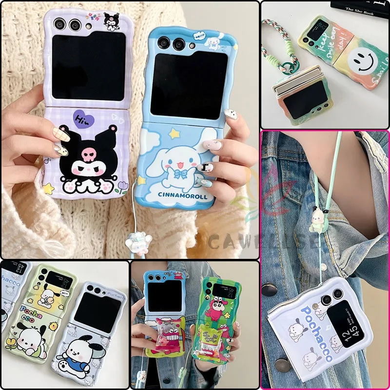 เคสโทรศัพท์ซิลิโคน TPU แบบนิ่ม ลายการ์ตูนหน้ายิ้ม มีสายคล้อง สําหรับ Samsung Galaxy Z Flip 5 Z Flip 4 Z Flip 3 4 5