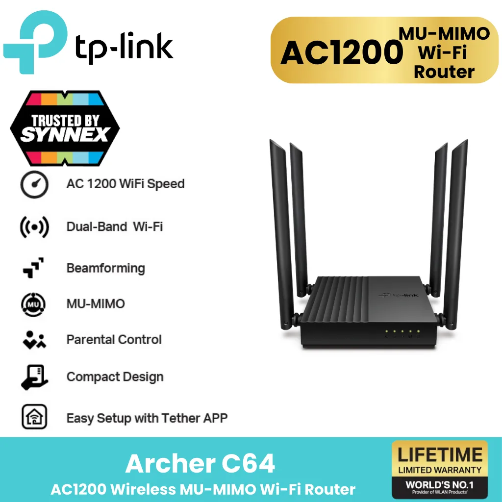 TP Link Archer C64 AC1200 Wireless MU-MIMO WiFi Router 4 เสาภายนอก พร้อม Beamforming Technology ส่งสัญญาณครอบคลุม