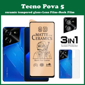 (3 In 1) Tecno Pova 5 กระจกนิรภัยกันรอยหน้าจอ เซรามิค + ฟิล์มกล้อง + ฟิล์มด้านหลัง สําหรับ Tecno Pova 4 ฟิล์มเซรามิค ฝ้า นิ่ม