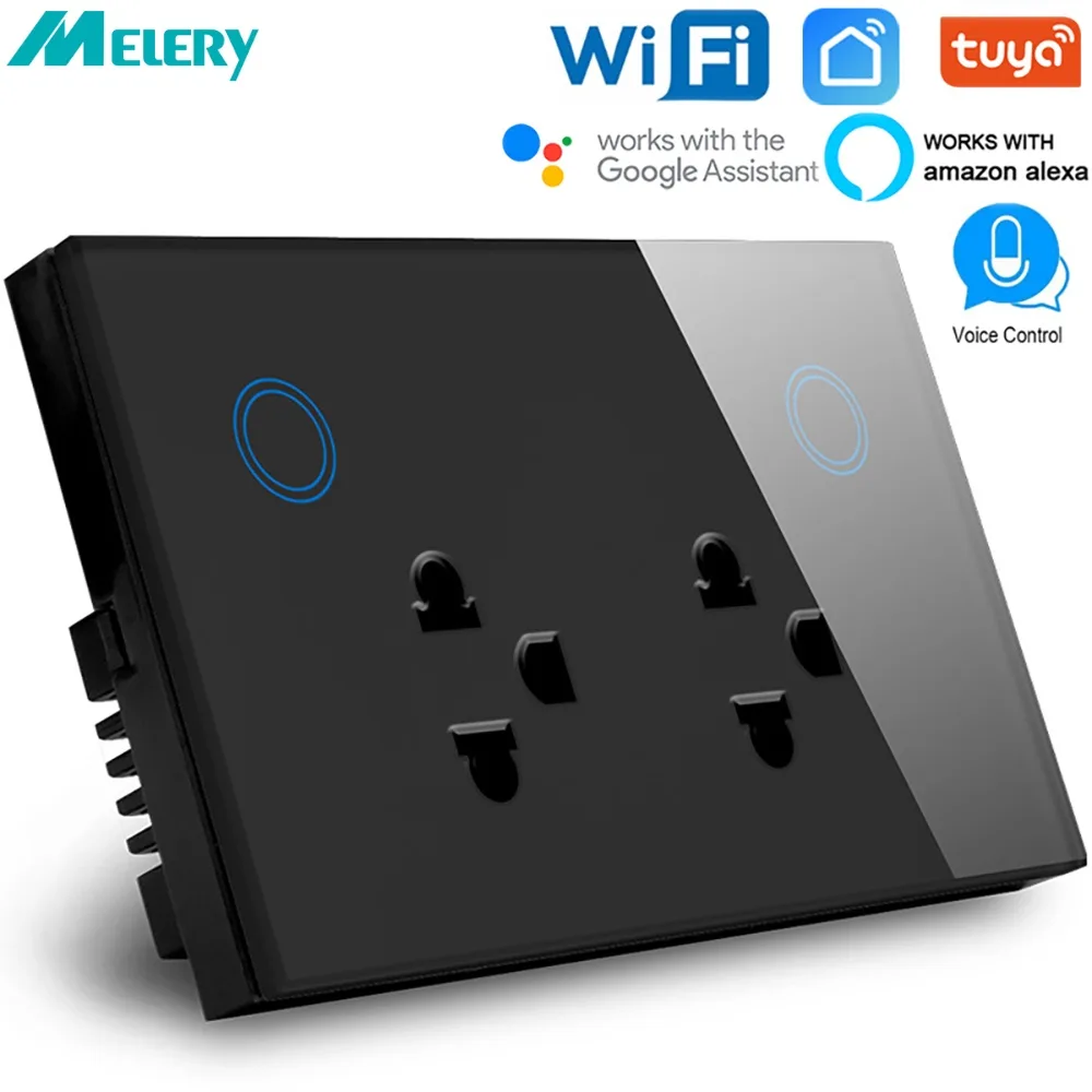 Wifi สมาร์ท 3 พิน ซ็อกเก็ตคู่ 10A แผงกระจกสัมผัส เต้าเสียบไทย รีโมทคอนโทรลด้วยเสียง Tuya Smartlife APP Alexa Google