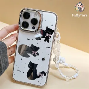 เคสโทรศัพท์มือถือ ลายการ์ตูนแมวน่ารัก คุณภาพสูง พร้อมสายคล้องข้อมือ หรูหรา สําหรับ Iphone 13 14 12 11 XR Pro Max 15