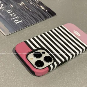 เคสโทรศัพท์มือถือ ลายขวาง สีดํา สีชมพู สําหรับ iPhone15 14 13 11 12Promax 11Promax 12Pro 14plus 15Promax TFZJ